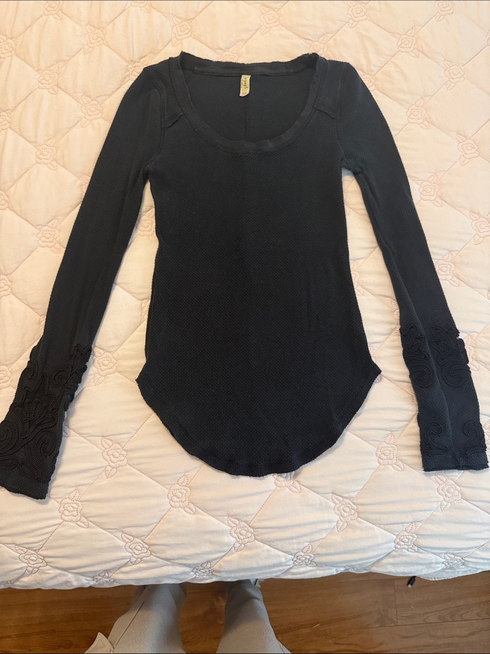 Free People Black Long-Sleeve Scoop Neck Thermal Top